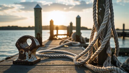 Obraz premium Morning sun spills onto empty dock where rope coils beside rusted cleat