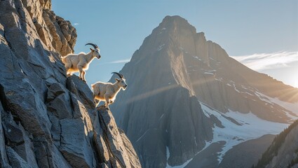 Mountain Goats Climbing Steep Rock