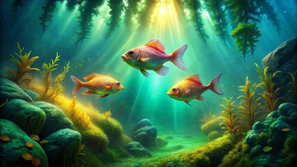 Sunlit Underwater Scene with Three Vivid Orange Fish Swimming Amongst Aquatic Plants and Rocks
