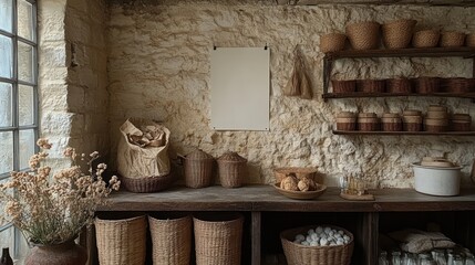 Rustic storage room with natural elements