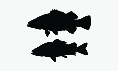 bass fish silhouette, big fish outline, bold fish profile, freshwater fish vector, black white bass, spiny fin shape, side view bass