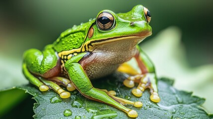 Obraz premium Frog Rain Habitat Concept, Vibrant Green Frog Sitting on Wet Leaf with Raindrops in Natural Habitat