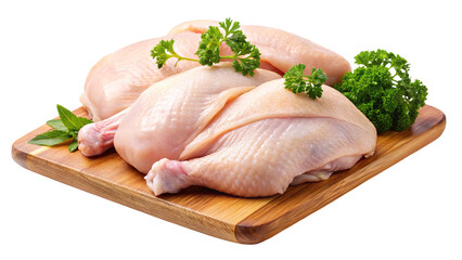 Fresh raw chicken pieces garnished with herbs displayed on a wooden board