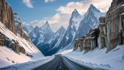 Sharp peaks pierce snowy sky above winding road carved into icy cliffs