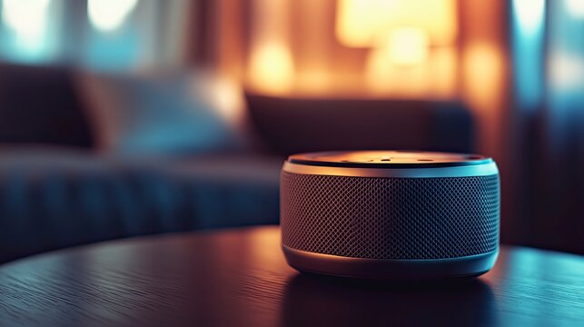 Small speaker sits on a wooden table. The speaker is black and silver and is turned off