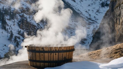 Steam rises from wooden tub beside hot spring beneath steep snowy hillside