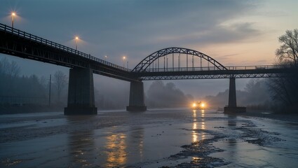 Naklejka premium Steel bridge spans muddy river below foggy dawn sky with headlights barely visible