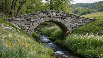 Fototapeta premium Stone arch bridges narrow stream beside meadow of early wildflowers