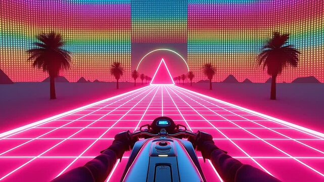 A first-person perspective of a futuristic motorcycle ride on a glowing neon grid road toward a triangle portal, surrounded by palm trees in vaporwave style