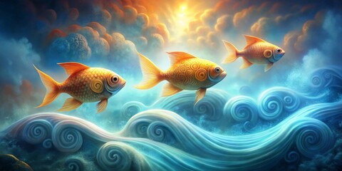 Golden Fish Swimming Through Whimsical Ocean Waves Under a Bright, Heavenly Glow
