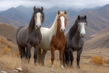 Obraz premium Three Majestic Horses in Serene Mountain Landscape: A Pastoral Scene