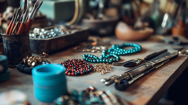 43. Creating handmade jewelry as a side hustle, tools and beads on a table 