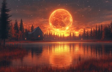 A fiery moon hangs over a tranquil autumn lake, casting an eerie glow on a rustic cabin nestled in a misty forest