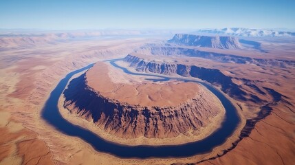 Aerial view river bend carving through arid landscape