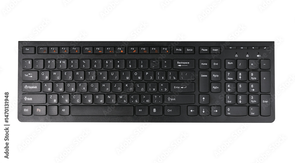Wall mural black computer keyboard with modern layout for typing isolated on white background.