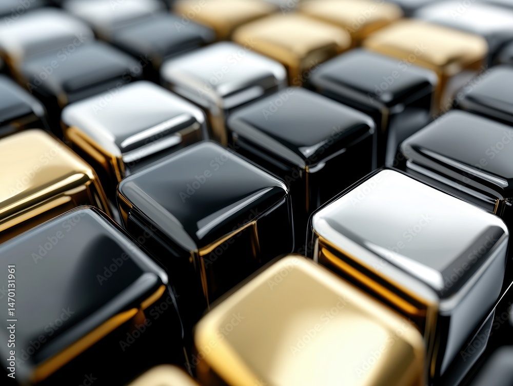 Poster abstract composition of metallic squares with reflective surfaces in gold silver and black arranged 