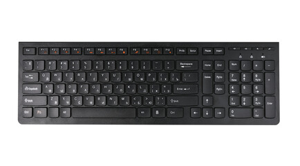 Black computer keyboard with modern layout for typing isolated on white background.