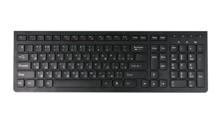 Black computer keyboard with modern layout for typing isolated on white background.