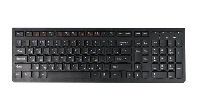 Black computer keyboard with modern layout for typing isolated on white background.