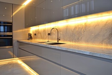 A sleek kitchen with reflective marble countertops and warm under-cabinet lighting