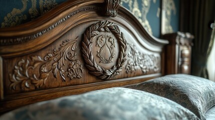 A laurel wreath carved into the headboard of a luxurious antique bed