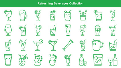 Drinks and Beverages Variety Displayed Through Green Outline Icons on a White Backdrop