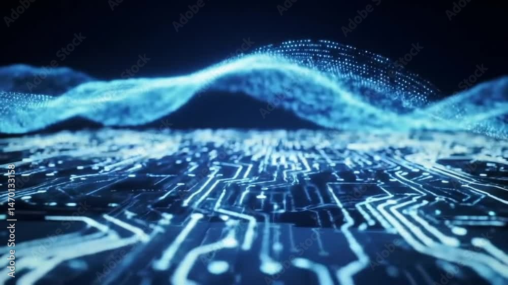 Poster digital circuit board with glowing data stream animation in blue tones