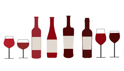  Set of red wine bottle with wine glasses vector icons.  collection of Colorful silhouette of wine bottles and wine glasses
