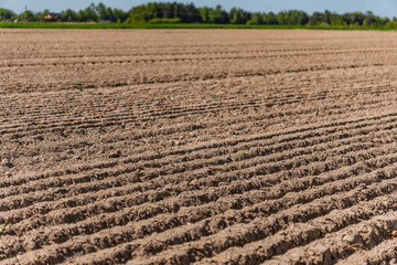 A rural landscape with a plowed empty field at the beginning of spring