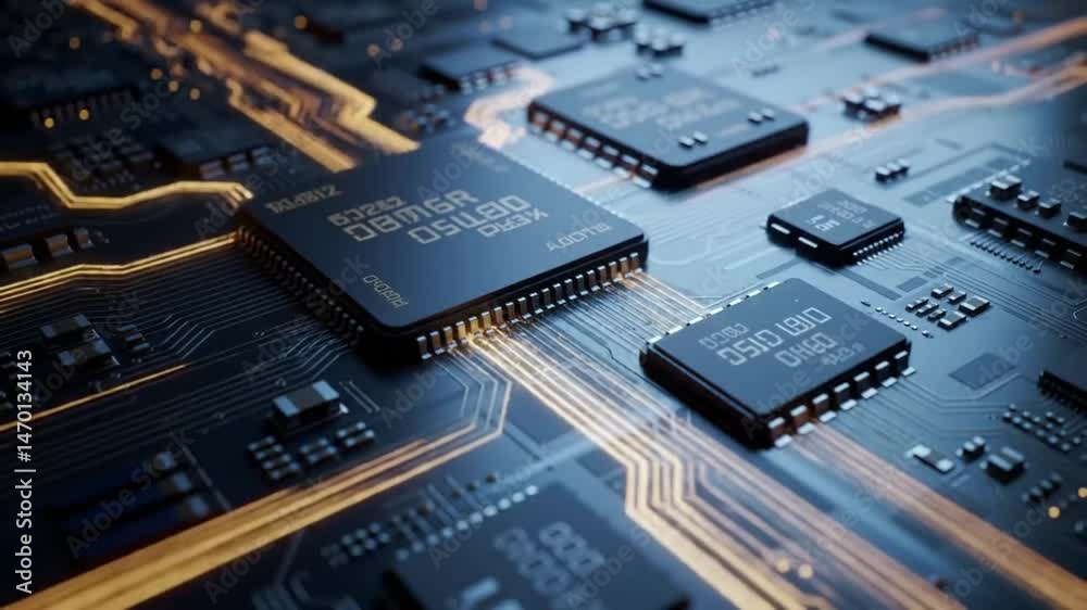 Poster Close-up View of a High-Tech Circuit Board with Illuminated Traces