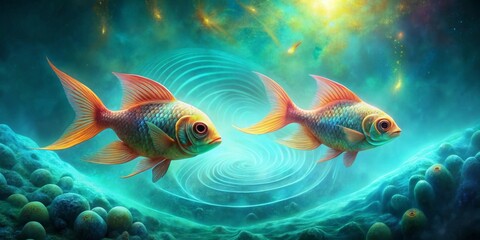 Two iridescent fish swim in a swirling underwater vortex, ethereal glow surrounds them, a vibrant fantasy scene