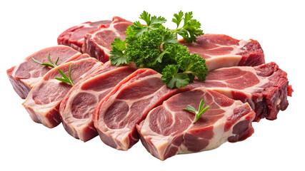 Arrangement of fresh raw pork steaks with parsley and rosemary sprigs on black