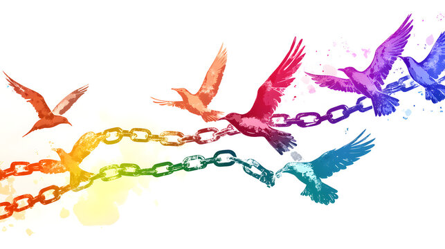 Conceptual imagery of freedom colorful birds breaking chains in abstract expression