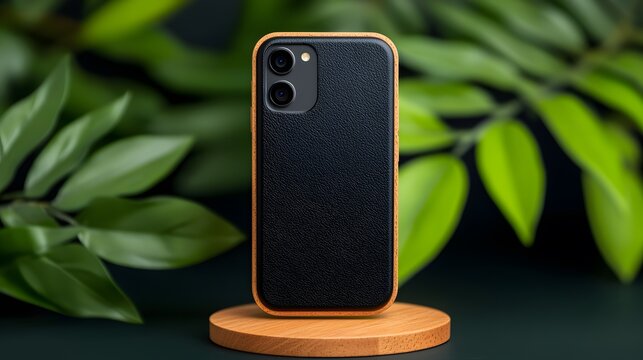 Black Smartphone in Protective Case on Wooden Charging Dock with Green Leaves Background