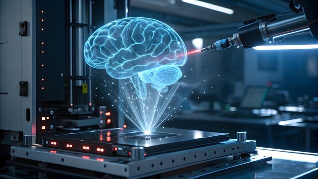 A robotic arm precisely scans a holographic brain, its intricate neural pathways illuminated in vibrant blue, a futuristic glimpse into advanced neurotechnology.