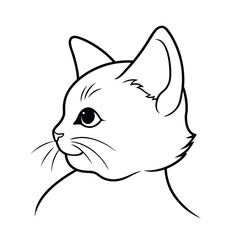Simple black and white illustration of a cute cat head in profile view with whiskers and outline style