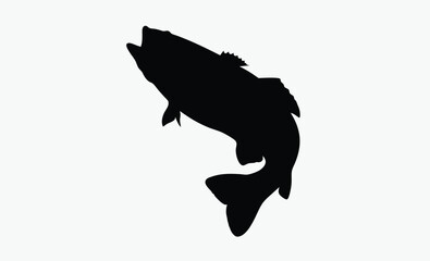 largemouth bass jump, bass fish silhouette, jumping fish vector, bold fish motion, black white bass, leaping fish outline, dynamic fish pose, freshwater fish icon