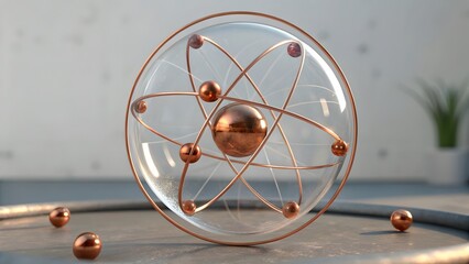Elegant Copper Atomic Model Encased In Clear Glass Sphere,Resting On Grey Surface,Surrounded By Small Copper Spheres