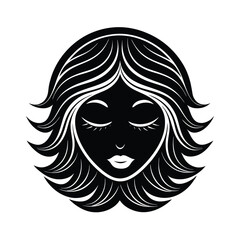 Elegant black and white illustration featuring a woman with closed eyes and flowing hair with a vintage feel.