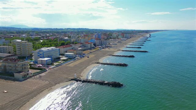 Italy, May 10, 2025: aerial view of the Misano Adriatico beach in the province of Rimini on the Romagna Riviera