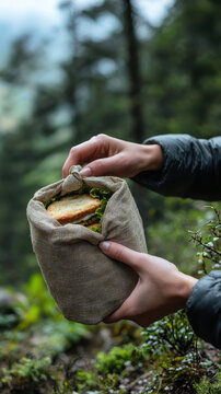 Eco friendly cloth food wrap holds sandwich, showcasing sustainable living in nature