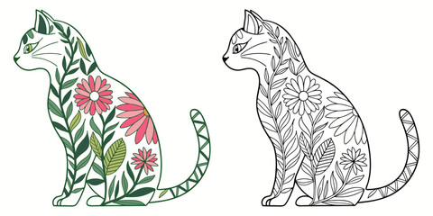 Cat coloring vector and silhouette icons. Black flat color simple elegant cat animal vector and illustration.