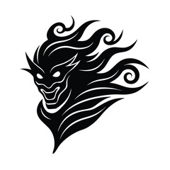 Stylized black and white japanese demon mask design with flowing hair on white background