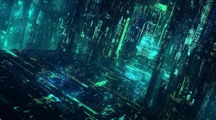 Obraz premium Futuristic cityscape with a lot of green buildings and lights. The buildings are tall and sleek