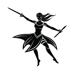 Silhouette of a female warrior posing with dual swords in a dynamic action position against white background
