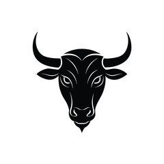 A minimalist black and white illustration of a bull head in a modern graphic design