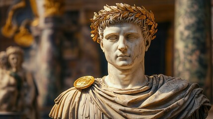 A golden laurel wreath resting atop a marble bust of a Roman emperor
