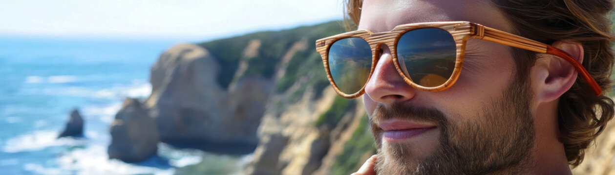 Stylish traveler wearing bamboo sunglasses, enjoying scenic coastal view