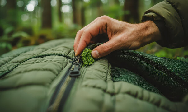 Hand adjusting zipper of green sleeping bag in forest setting, surrounded by nature tranquility