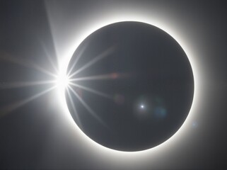 A total solar eclipse with the Sun"s corona and a bright diamond ring effect visible around the dark silhouette of the Moon.